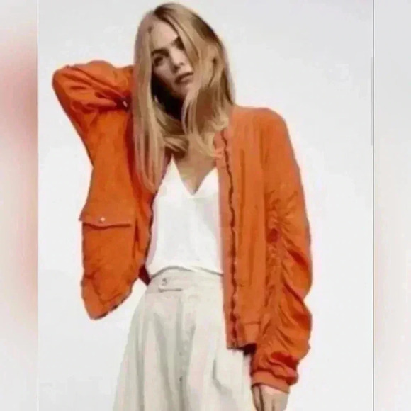 FREE PEOPLE ORANGE LINEN BLEND BOMBER JACKET SIZE M - Picture 1 of 8